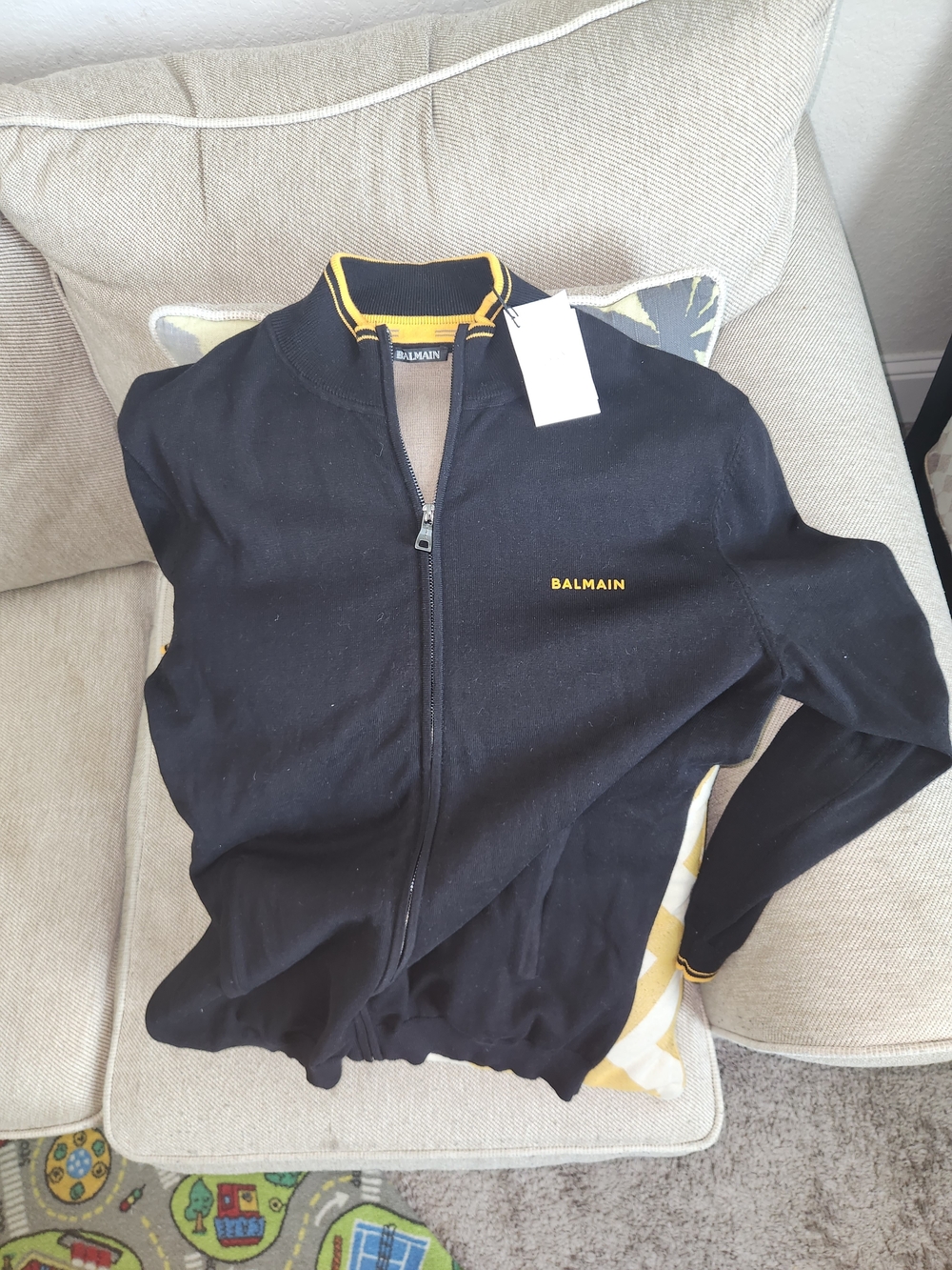Balmain Black Zip Cardigan with Yellow Accents